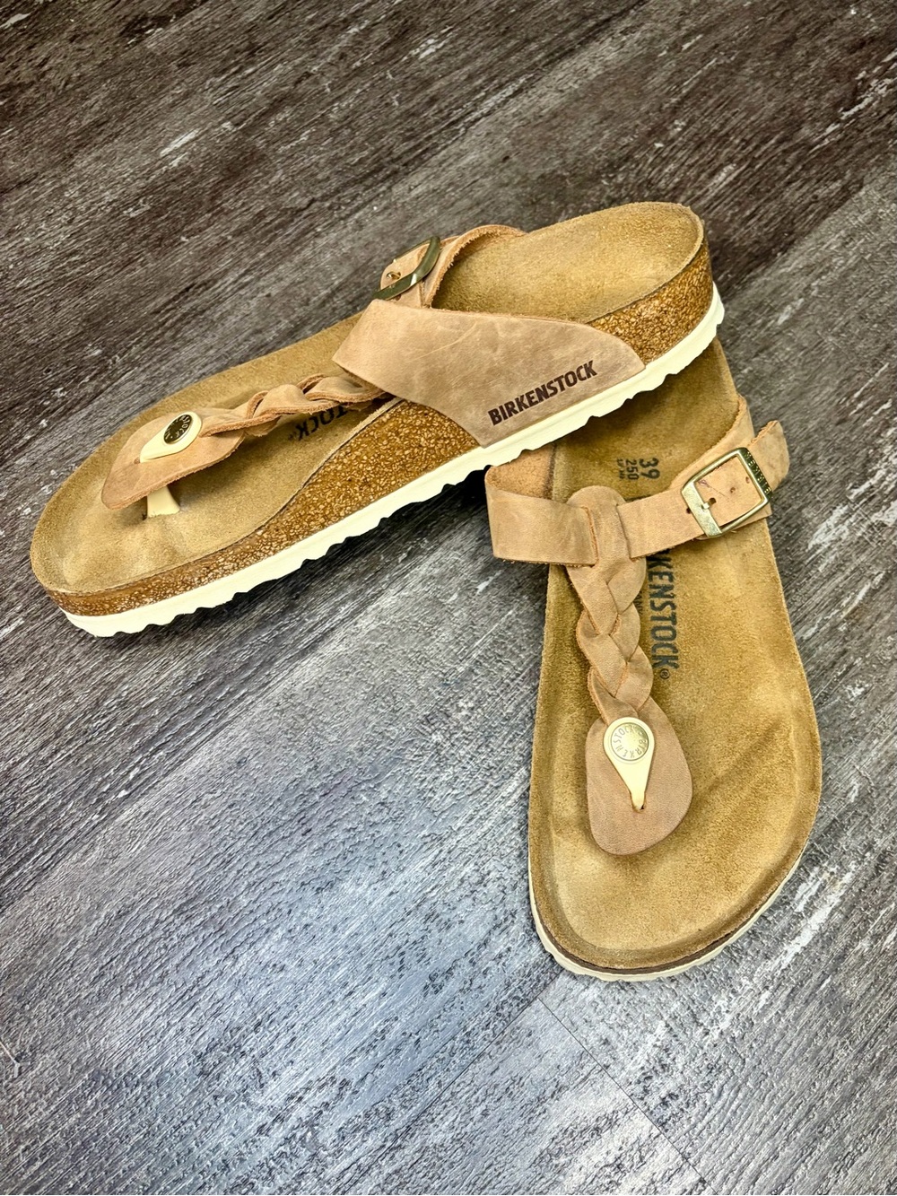Women's Gizeh Braided & Oiled Leather Birkenstock in beautiful Cognac color